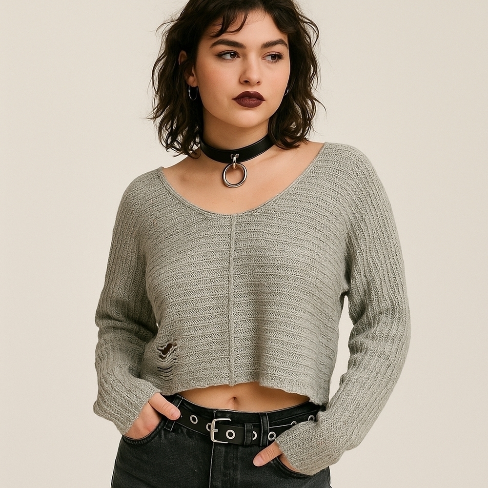 Wildfox Distressed Knit Sweater XS Gray Long Sleeve
